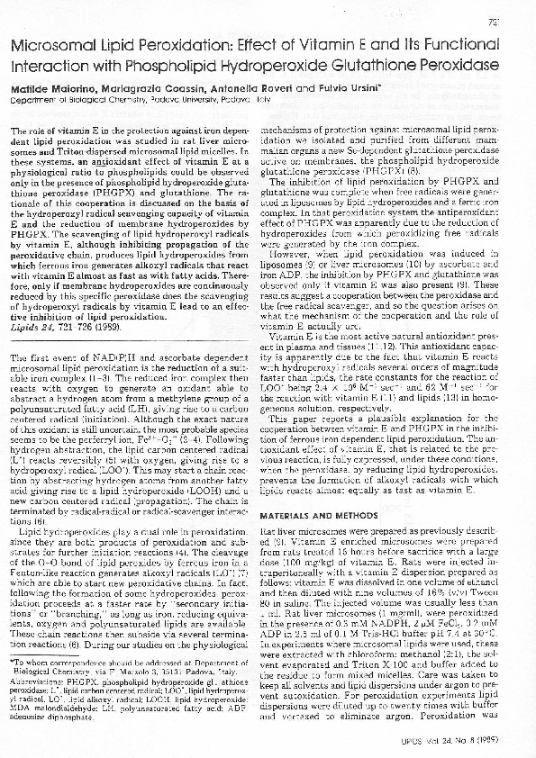 PDF) Microsomal lipid peroxidation: Effect of vitamin E and its functional  interaction with phospholipid hydroperoxide glutathione peroxidase