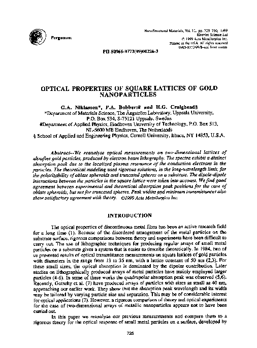 (PDF) Optical properties of square lattices of gold nanoparticles