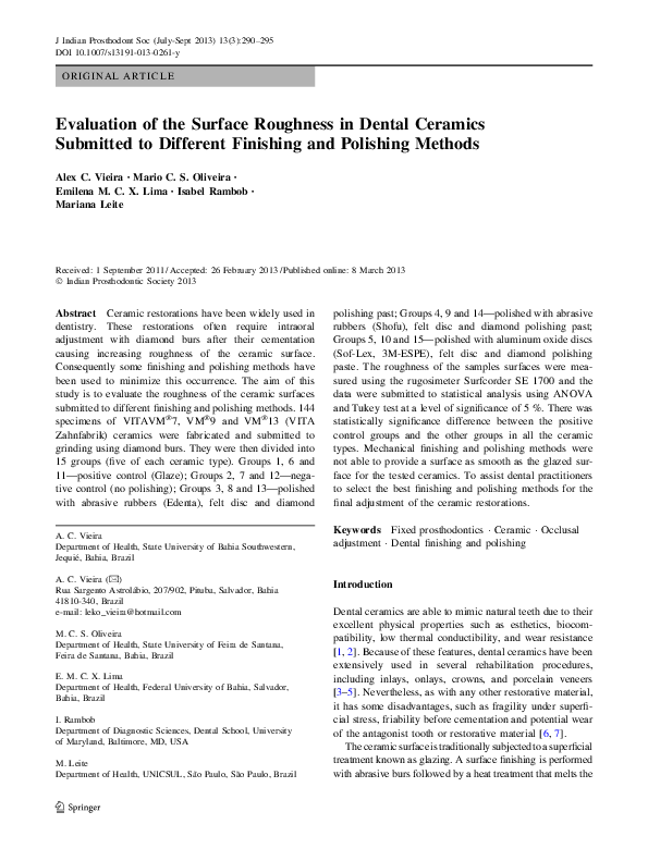 (PDF) Evaluation of the Surface Roughness in Dental Ceramics Submitted ...