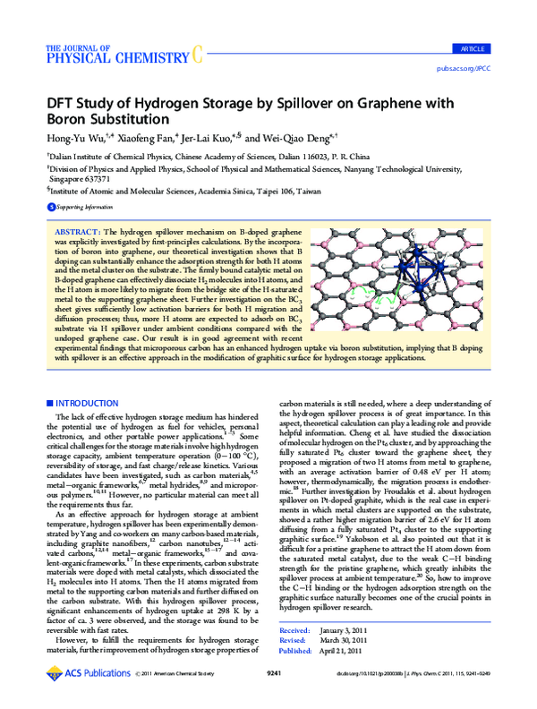 (PDF) DFT Study of Hydrogen Storage by Spillover on Graphene with Boron ...