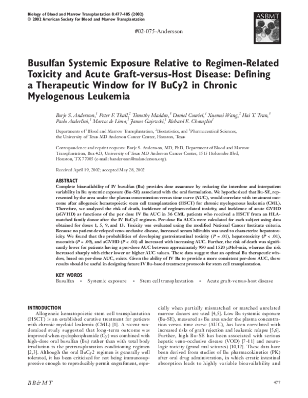 (PDF) Busulfan systemic exposure relative to regimen-related toxicity ...