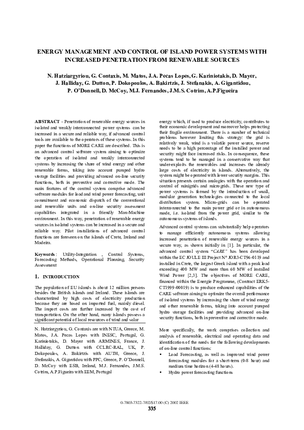 (PDF) Energy management and control of island power systems with