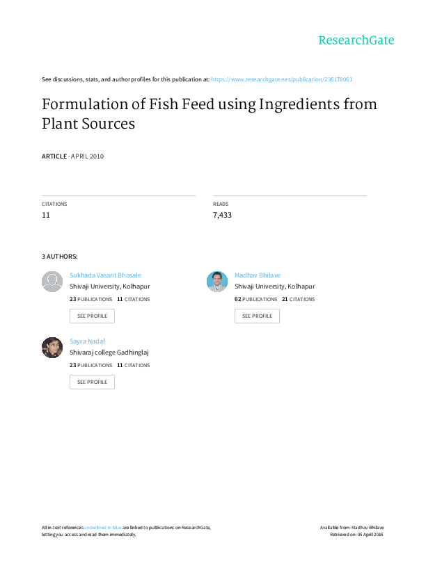 (PDF) Formulation of Fish Feed using Ingredients from Plant Sources
