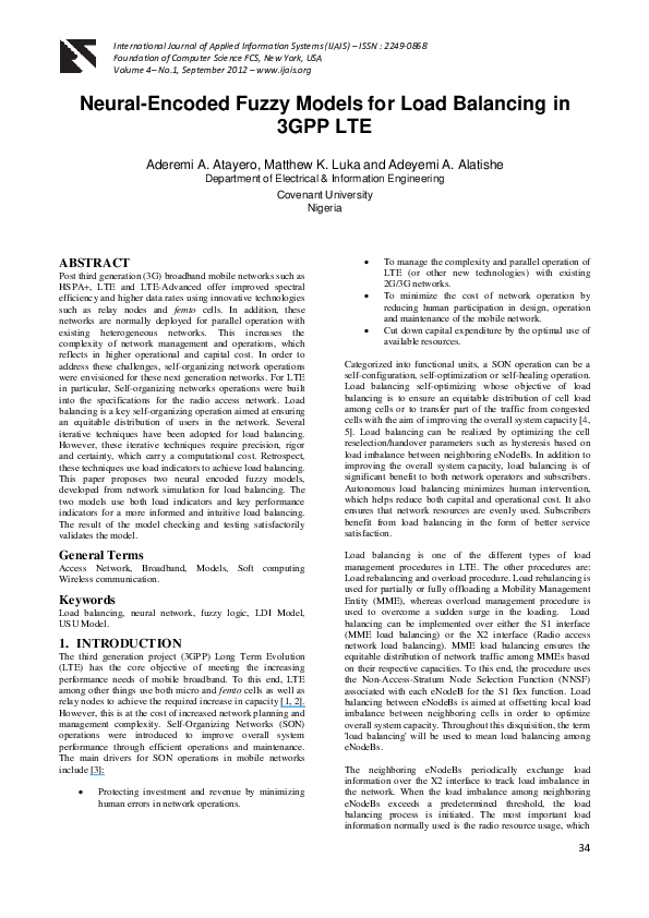 (PDF) Neural-encoded Fuzzy Models for Load Balancing in 3GPP LTE