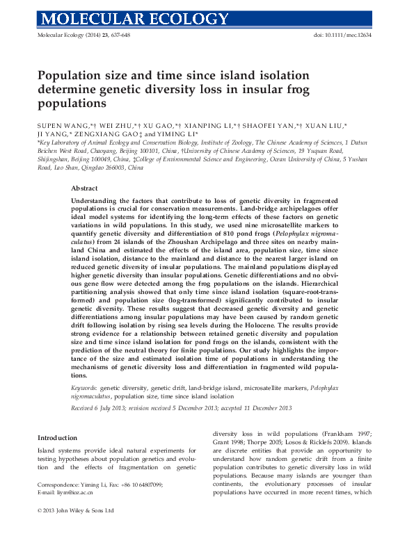 (PDF) Population size and time since island isolation determine genetic ...