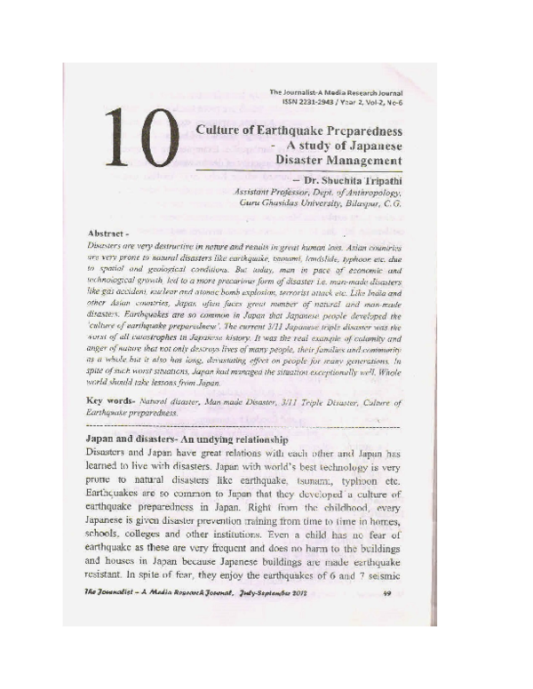 (DOC) Culture of Earthquake preparedness- A study of Japanese Disaster ...