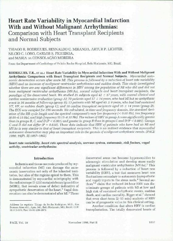 (PDF) Heart Rate Variability in Myocardial Infarction With and Without ...