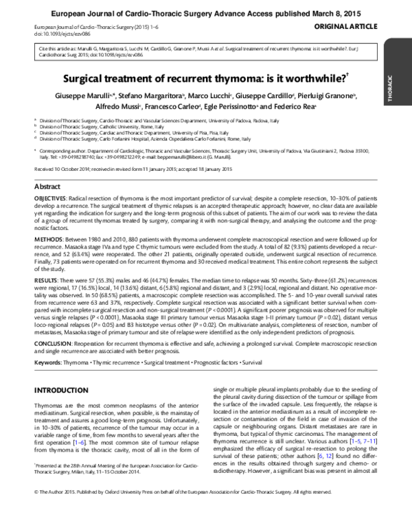 (PDF) Surgical treatment of recurrent thymoma: is it worthwhile?