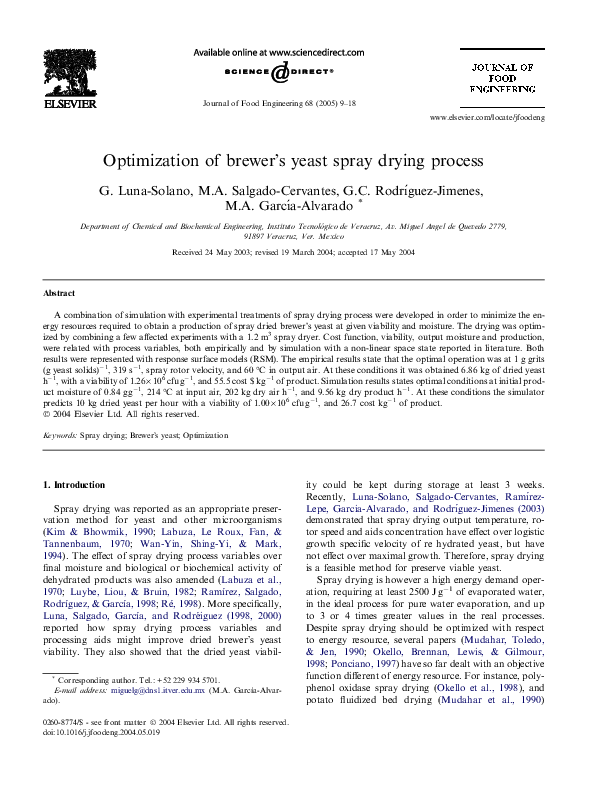 (PDF) Optimization of brewer’s yeast spray drying process