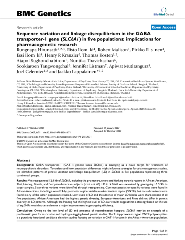 (PDF) Sequence variation and linkage disequilibrium in the GABA ...