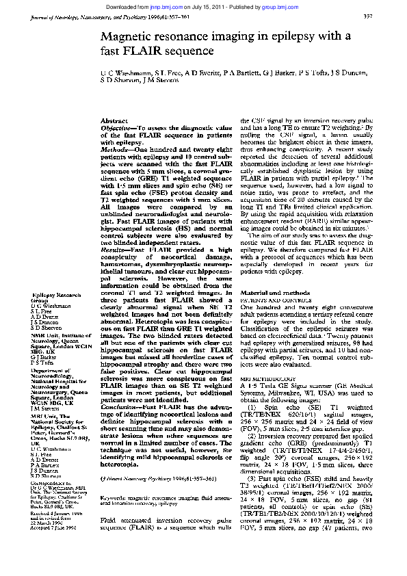 (PDF) Magnetic resonance imaging in epilepsy with a fast FLAIR sequence