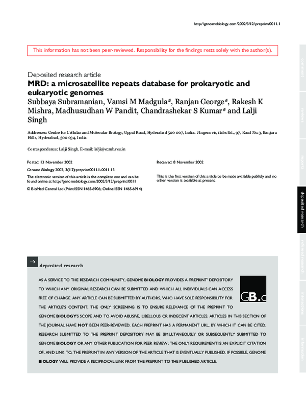 (PDF) MRD: a microsatellite repeats database for prokaryotic and ...