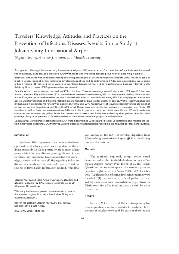 (PDF) Travelers' knowledge, attitudes, and practices on prevention of ...