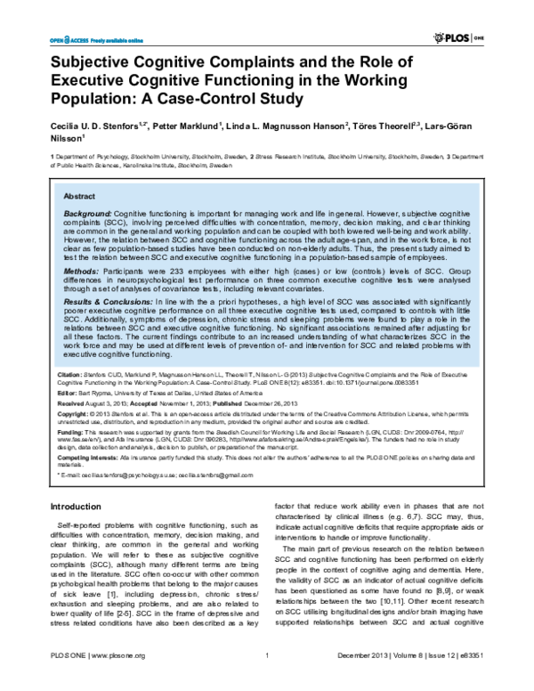 (PDF) Subjective Cognitive Complaints and the Role of Executive ...