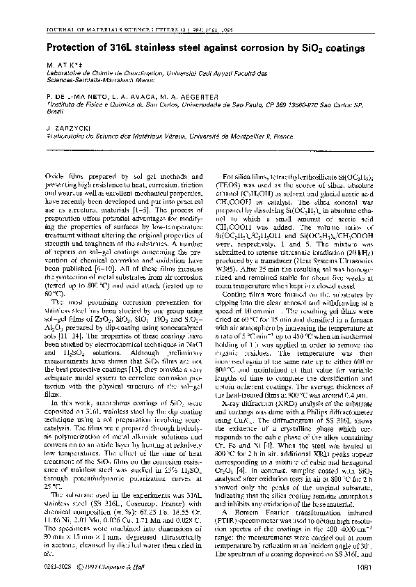 (PDF) Protection of 316L stainless steel against corrosion by SiO2 coatings