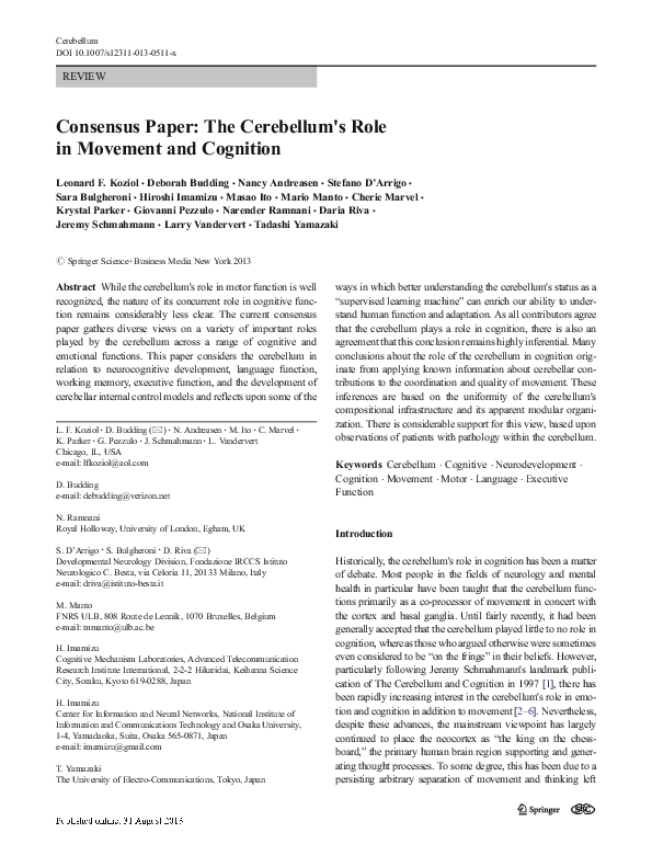 (PDF) Consensus Paper: The Cerebellum's Role in Movement and Cognition