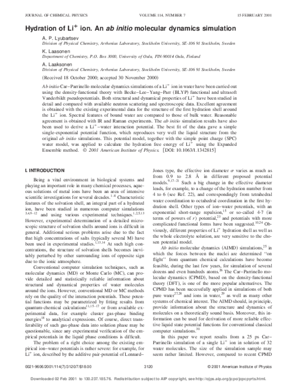 (PDF) Hydration of Li+ ion. An ab initio molecular dynamics simulation