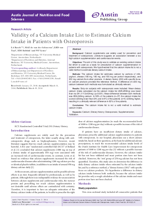 (PDF) Validity of a Calcium Intake List to Estimate Calcium Intake in ...