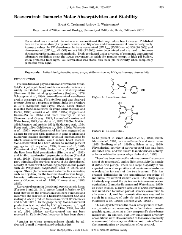 (PDF) Resveratrol Isomeric Molar Absorptivities and Stability Brent