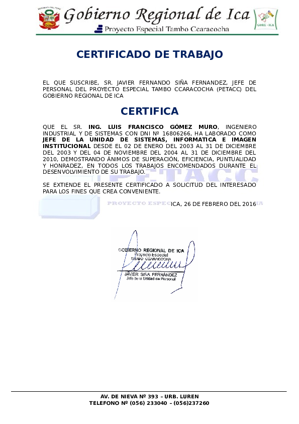 (DOC) CERTIFICADOS DE TRABAJO (1) Luis