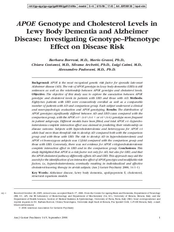 (PDF) APOE genotype and cholesterol levels in lewy body dementia and ...