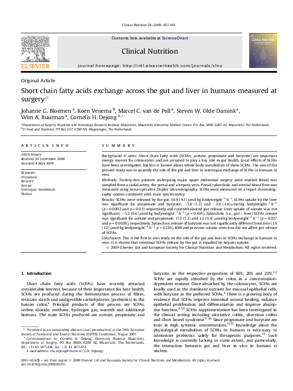 (PDF) Short chain fatty acids exchange across the gut and liver in ...