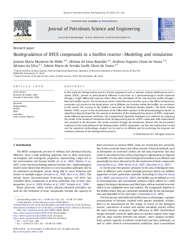 (PDF) Biodegradation of BTEX compounds in a biofilm reactor—Modeling ...