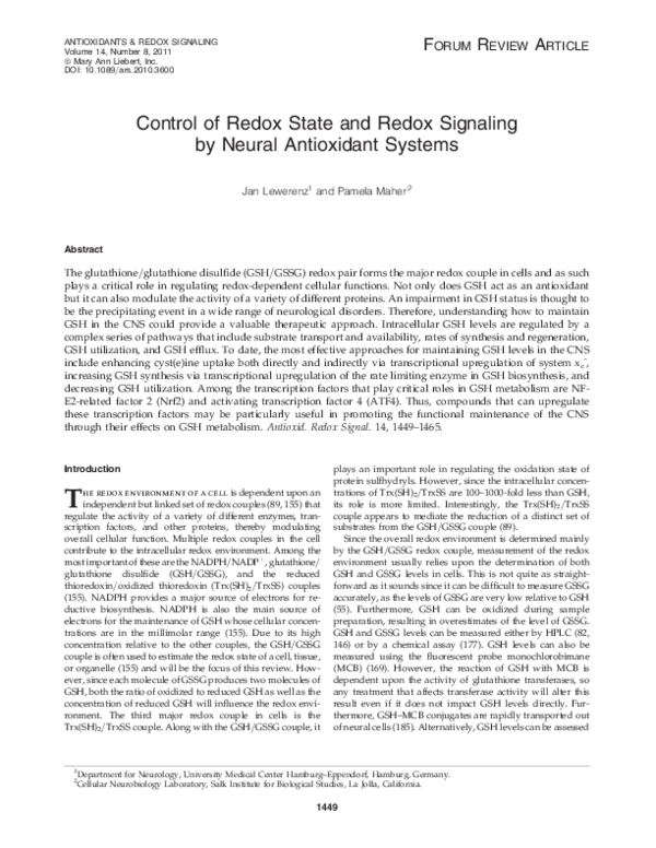 (PDF) Control of Redox State and Redox Signaling by Neural Antioxidant ...