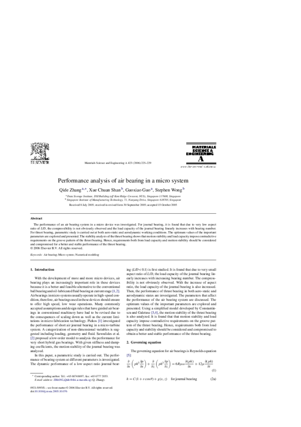 (PDF) Performance analysis of air bearing in a micro system Guoxiao