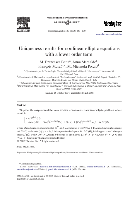 (PDF) Uniqueness results for nonlinear elliptic equations with a lower ...