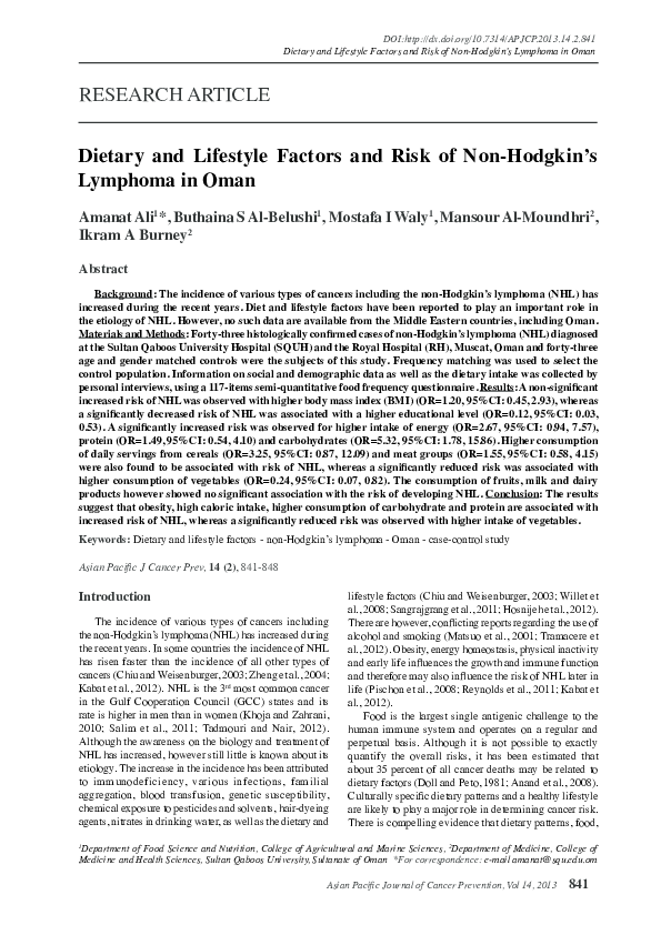 (PDF) Dietary and lifestyle factors and risk of non-hodgkin's lymphoma ...