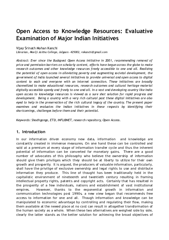 (DOC) Open Access to Knowledge Resources: Evaluative Examination of ...