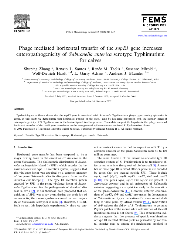 (PDF) Phage mediated horizontal transfer of the sopE1 gene increases ...