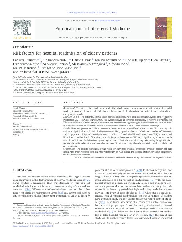 (PDF) Risk factors for hospital readmission of elderly patients