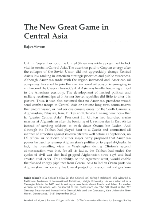 (PDF) The New Great Game in Central Asia 187 The New Great Game in ...