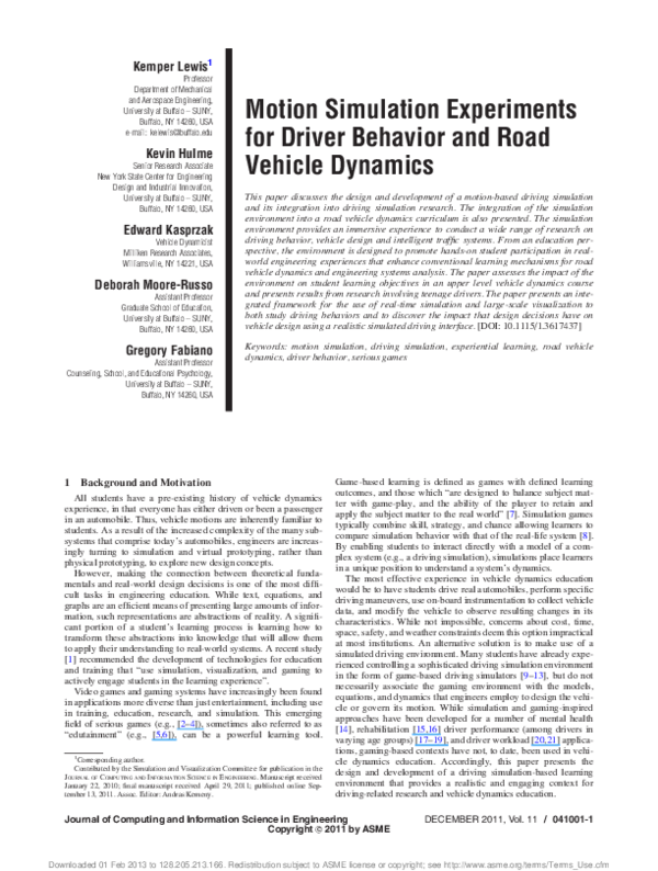 (PDF) Motion simulation experiments for driver behavior and road vehicle dynamics Gregory