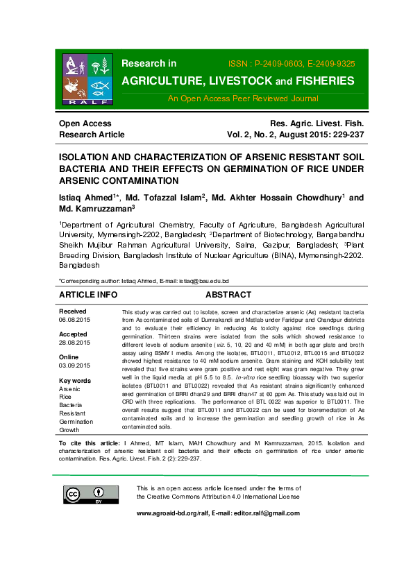 (PDF) ISOLATION AND CHARACTERIZATION OF ARSENIC RESISTANT SOIL BACTERIA ...