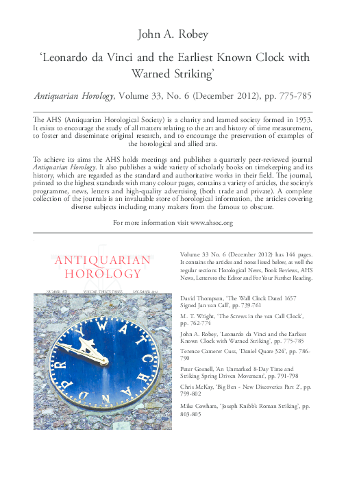 'Leonardo da Vinci and the Earliest Known Clock with Warned Striking'