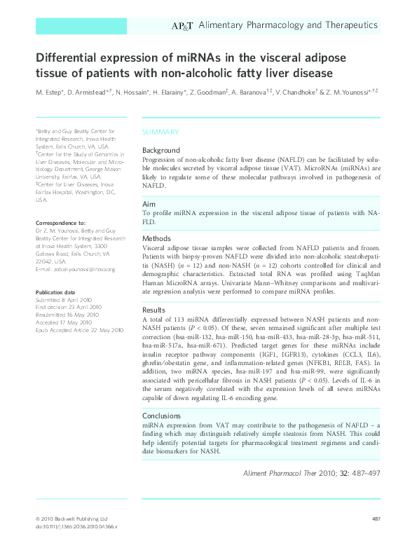 (PDF) Differential expression of miRNAs in the visceral adipose tissue ...