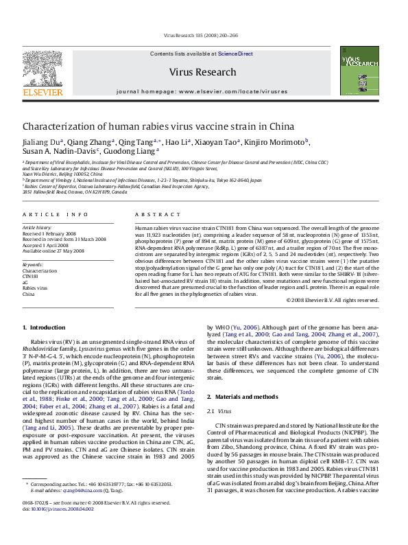 (PDF) Characterization of human rabies virus vaccine strain in China