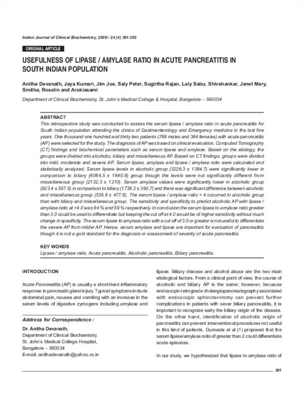 (PDF) Usefulness of lipase / amylase ratio in acute pancreatitis in ...