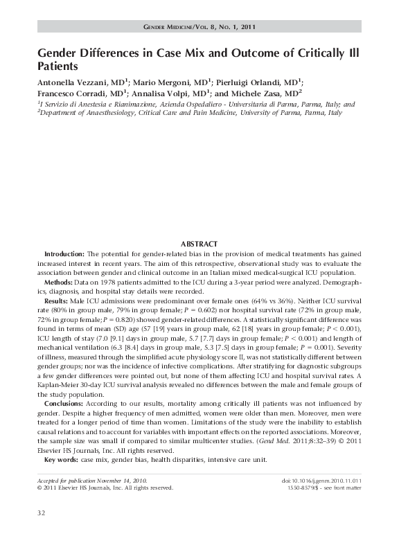 (PDF) Gender Differences in Case Mix and Outcome of Critically Ill Patients