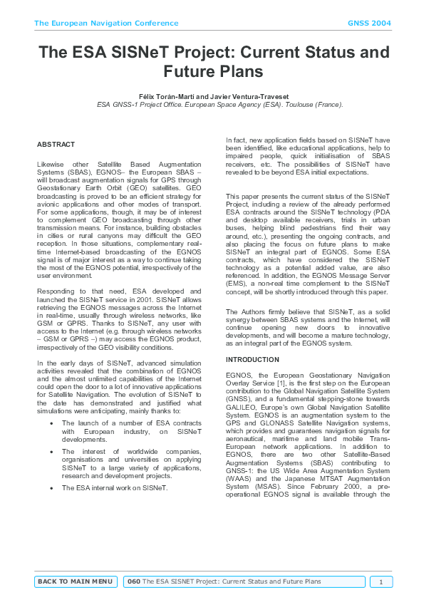 (PDF) The ESA SISNeT Project: Current Status and Future Plans
