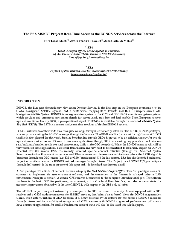 (PDF) The ESA SISNET Project: Real-Time Access to the EGNOS Services ...
