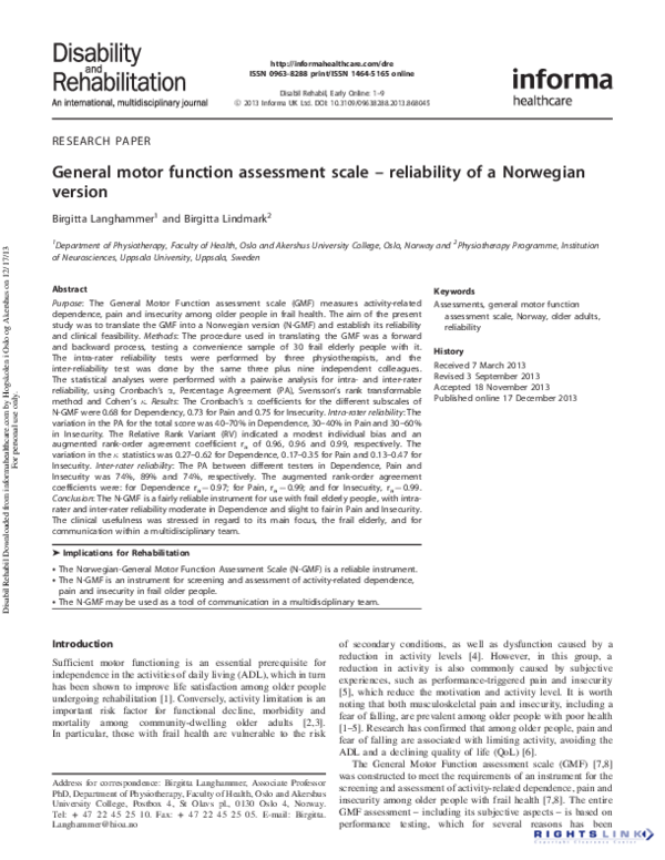 (PDF) General motor function assessment scale reliability of a Norwegian version Birgitta M