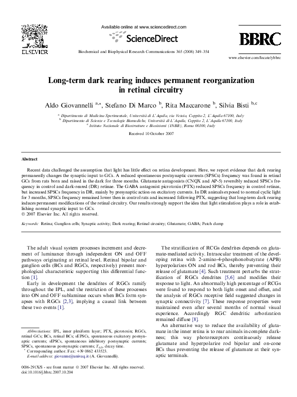 (PDF) Long-term dark rearing induces permanent reorganization in ...