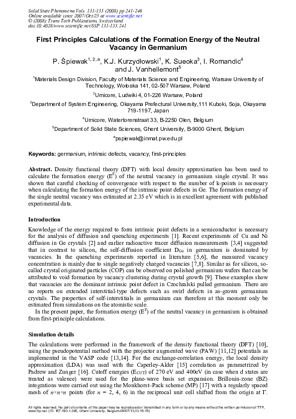 (PDF) First principles calculations of the formation energy and deep ...