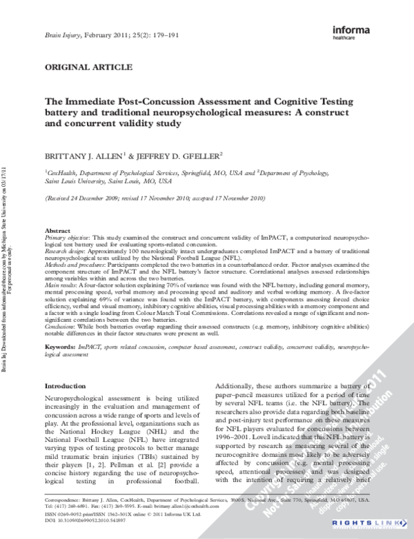 (PDF) The Immediate PostConcussion Assessment and Cognitive Testing