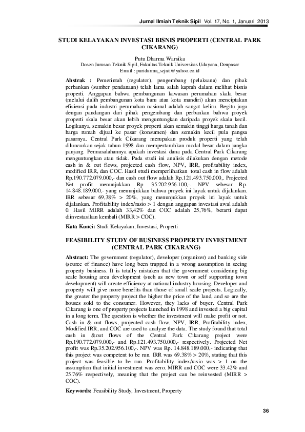 Pdf Studi Kelayakan Investasi Bisnis Properti Central Park Cikarang Feasibility Study Of Business Property Investment Central Park Cikarang Antonius Nopo Academia Edu