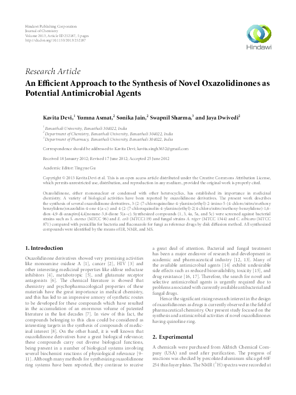 (PDF) An Efficient Approach to the Synthesis of Novel Oxazolidinones as ...